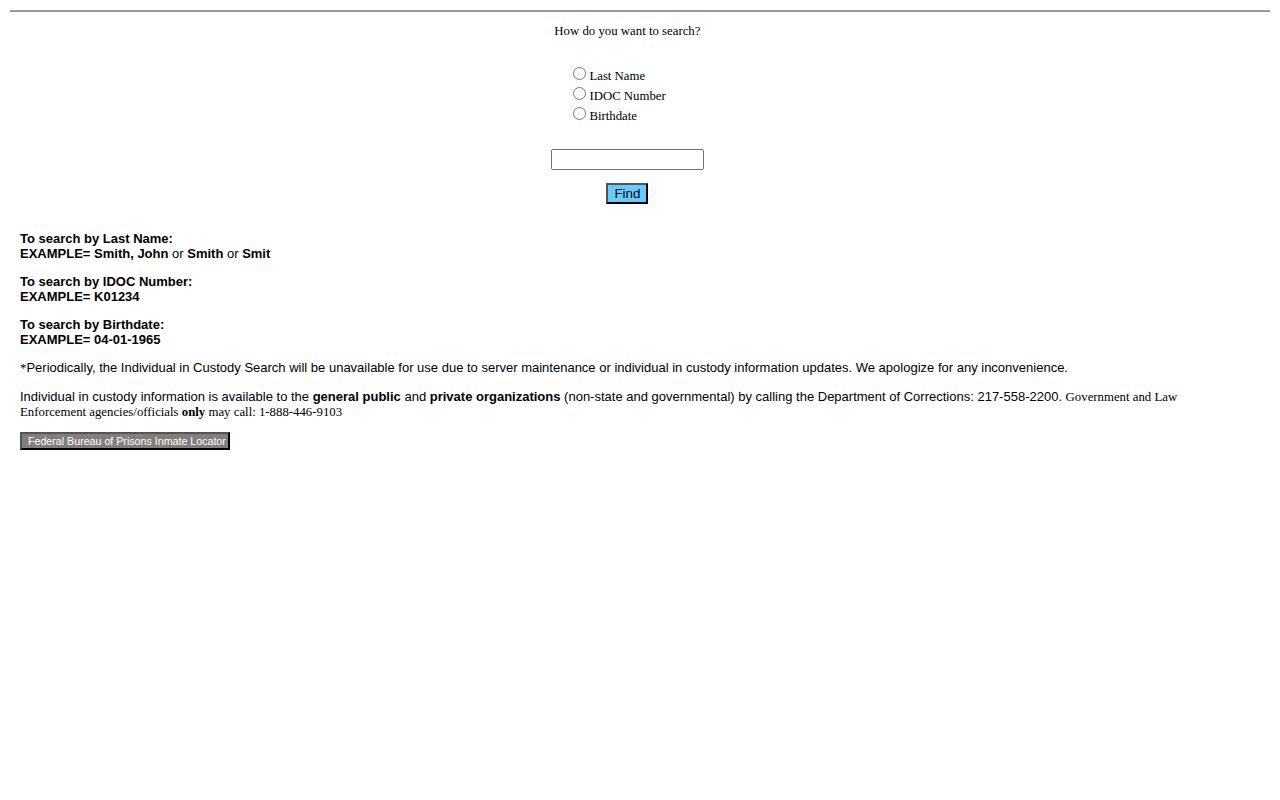 Illinois Department of Corrections locator search fields