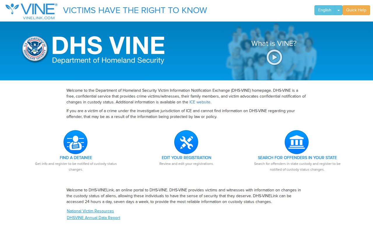 DHS-VINE federal immigration custody notification interface